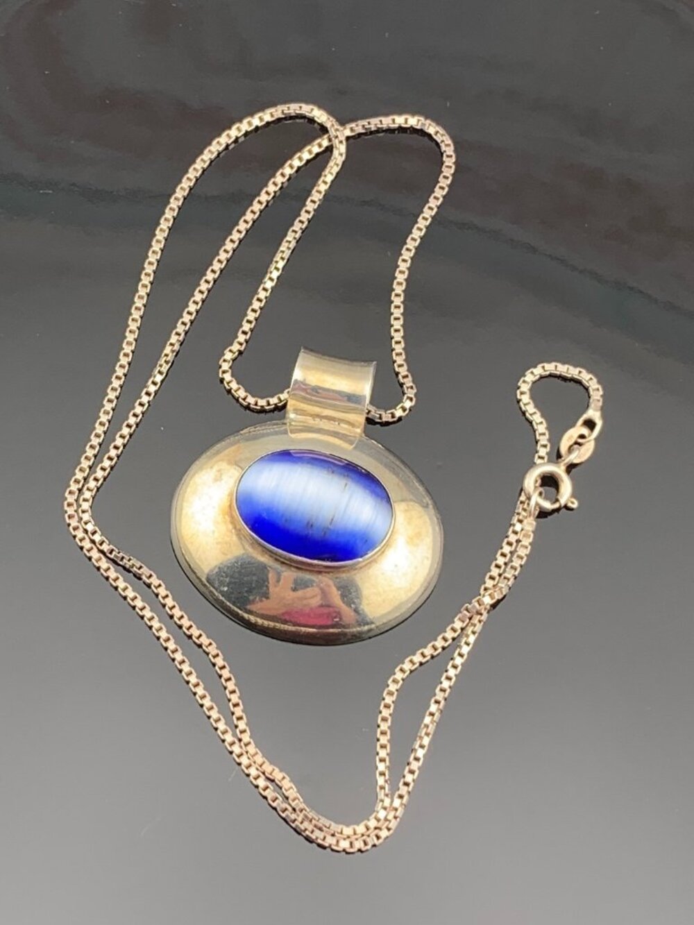 Blue Cat's Eye Sterling Silver Oval 90's Pendant Necklace Vtg J1451